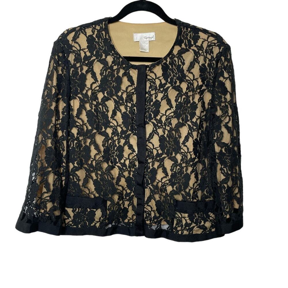 Spiegel Jacket Floral‎ Lace Overlay Pockets Crew Neck Lined Black Beige Size 14